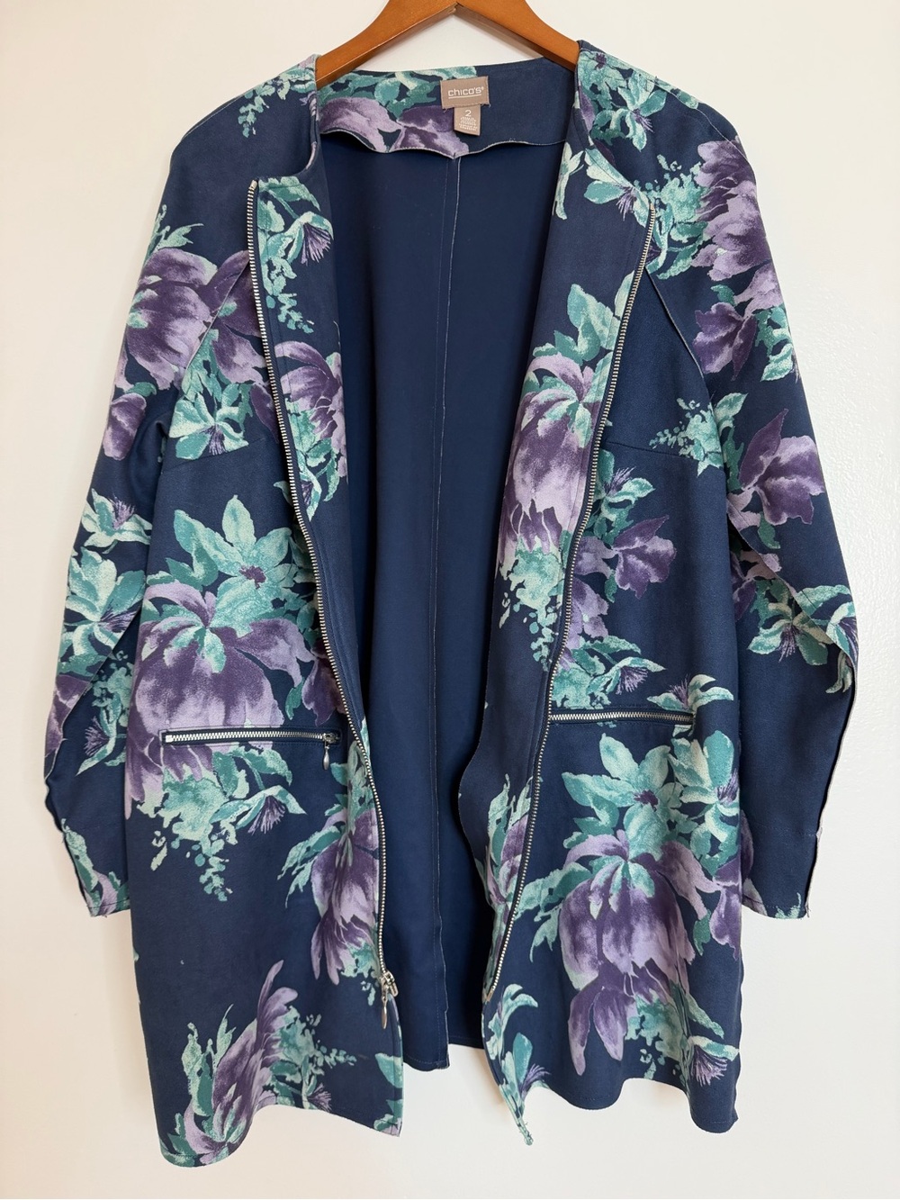 Chico's Sz 2 US L Full Zip Floral Print Faux Suede Jacket Blue Pockets Purple